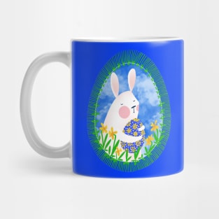 Cute white bunny with floral easter egg decoration on blue sky, version 1 Mug